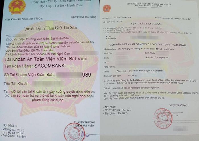 Lệnh bắt tạm giam, quyết định tạm giữ tài sản mà đối tượng lừa đảo gửi cho nạn nhân.