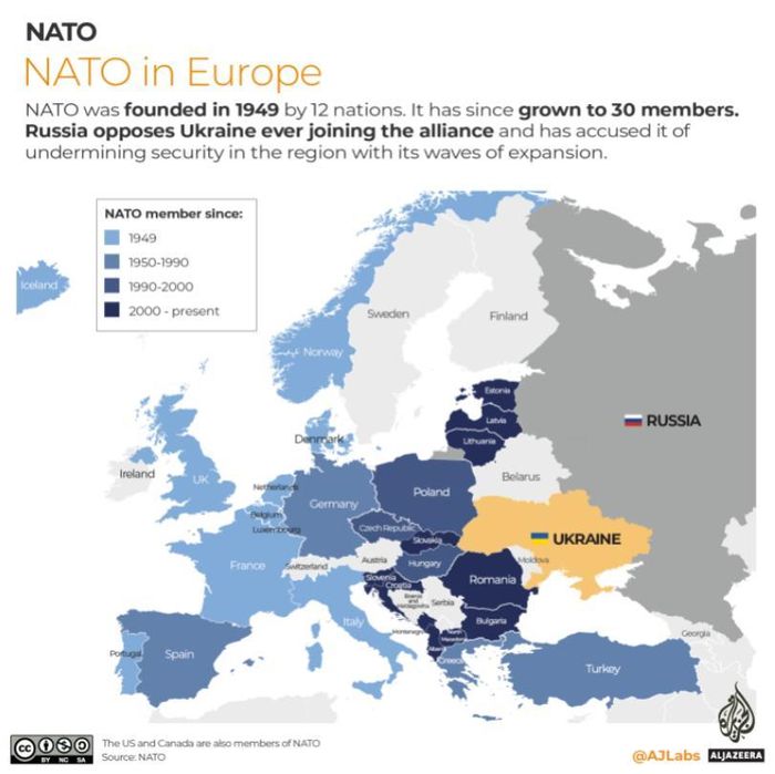 NATO được thành lập năm 1949 bởi 12 quốc gia. Kể từ đó đến nay khối liên minh này đã có 30 thành viên. Bản đồ thể hiện các thành viên NATO ở châu Âu. Ảnh: Al Jazeera