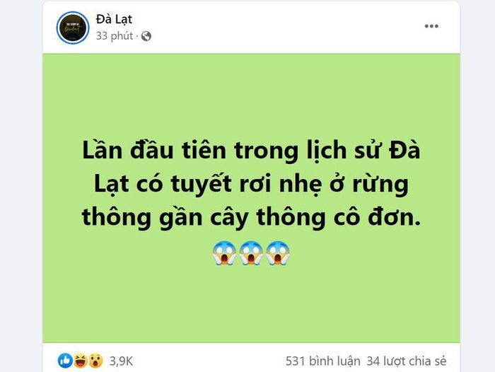 Fanpgae Đà Lạt đăng bài viết với nội dung có tuyết rơi lần đầu tiên trong lịch sử tại đây.