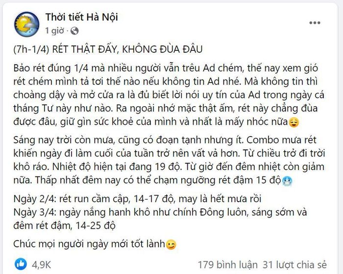 Thời tiết trở lạnh đúng ngày Cá tháng Tư nên pgae Thời tiết Hà Nội phải đăng kèm theo lời đính chính là "Rét thật đấy, không đùa đâu"