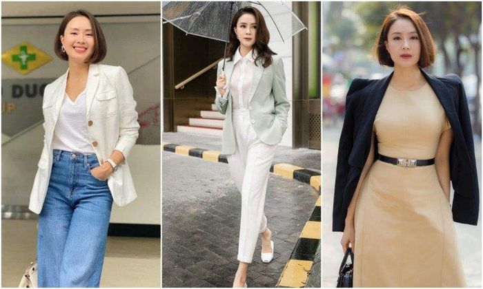 Với kiểu áo không lỗi mốt này, bà mẹ 2 con không gò bó trong cách phối mà biến hóa lúc chỉn chu cùng quần Tây, khi thanh lịch cùng đầm liền, lúc năng động với quần jeans...