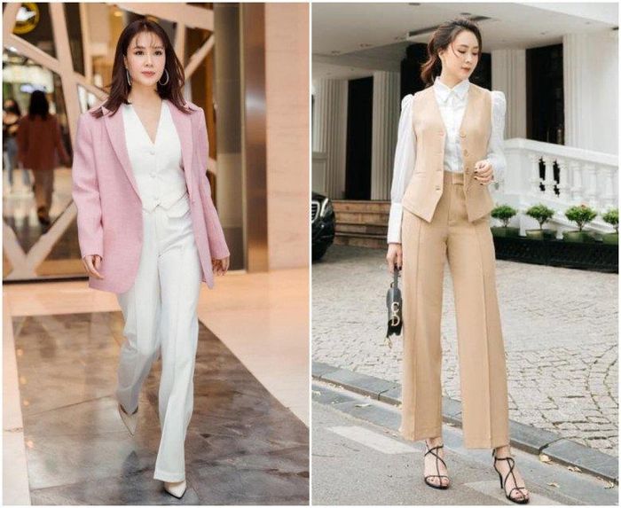 Sắm hai set đồ gồm áo gile cộc tay và quần ống suông mang tông màu trang nhã, Hồng Diễm trổ tài mix&amp;match đặc sắc. Ở set đồ đầu tiên, nữ diễn viên phối bên ngoài chiếc blazer hồng có dáng oversized để làm giảm đi sự cứng nhắc của món đồ này. Trong khi đó ở outfit thứ 2, bà mẹ 2 con diện sơmi bên trong, áo gile khoác ngoài. 