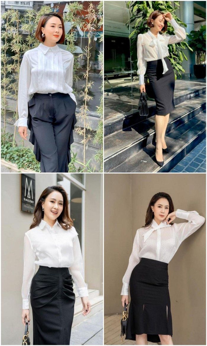 Chỉ là sơmi trắng, nhưng Hồng Diễm có cả loạt áo mang kiểu dáng đặc sắc khác nhau để tránh nhàm chán. Nhờ vào những phom dáng cách điệu với các chi tiết như xếp nếp, bèo nhún, thắt nơ... đã giúp bộ cánh công sở của cô thú vị hơn.