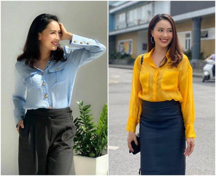 Ngoài ra, nữ diễn viên cũng thường trưng dụng sơmi có màu sắc nổi bật nhưng luôn đảm bảo trên cây đồ có không quá hai màu chính, chỉ dùng một màu điểm nhấn để tránh cảm giác lòe loẹt, sến sẩm.
