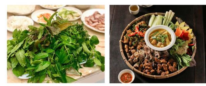 Nhiều loại rau rừng tươi xanh ăn kèm với thịt rừng