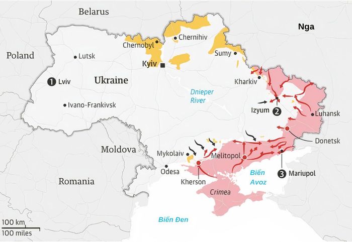 Các hướng tiến công mới của Nga tại Ukraine. Đồ họa: Guardian.