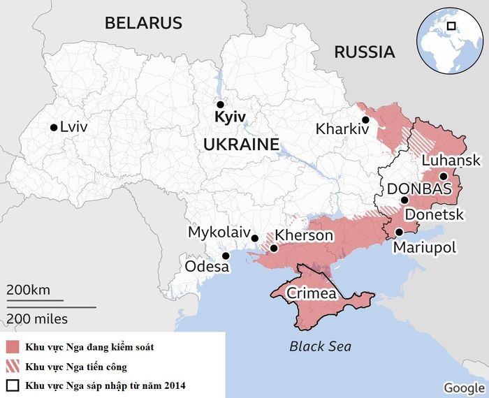  Bản đồ các khu vực Nga đang kiểm soát ở Ukraine tính đến ngày 19/4. Đồ họa: BBC. 