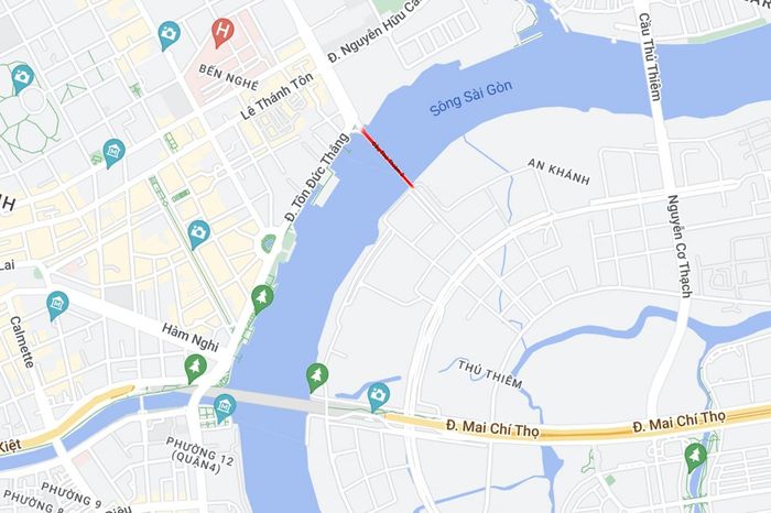 Vị trí cầu Thủ Thiêm 2 - gạch đỏ. Ảnh: Google Maps.