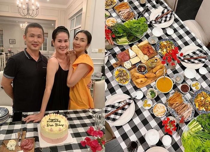 "Chủ nhà nói uống gụ (rượu) mới mở cửa, uống nước suối thì đứng ngoài cổng canh nhà dùm", Thân Thúy Hà hóm hỉnh. Trong bữa ăn, Tăng Thanh Hà cũng chuẩn bị một chiếc bánh kem với dòng chữ "Đại Bàng" - biệt danh mọi người đặt cho Thân Thúy Hà.