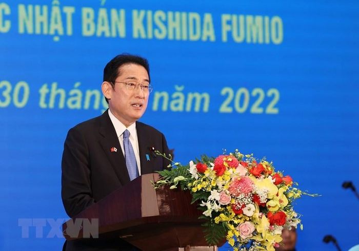  Thủ tướng Nhật Bản Kishida Fumio phát biểu tại buổi chiêu đãi chào mừng. (Ảnh: Dương Giang/TTXVN) 