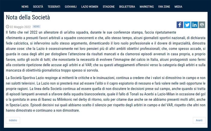 Lazio phản pháo Mourinho bằng bài viết trên trang chủ của mình