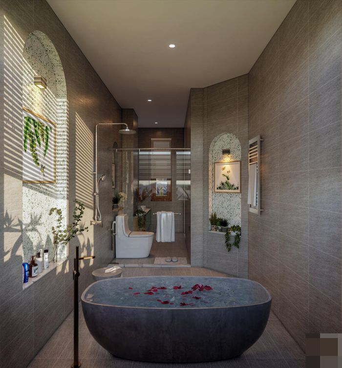 Phòng tắm tiện ích 5 sao với bồn tắm bằng xi-măng, vòi tắm đặt sàn. Cửa sổ rộng mở, mỗi khi ánh nắng chiếu qua khe rèm, đổ bóng thành vệt trên tường độc đáo. 