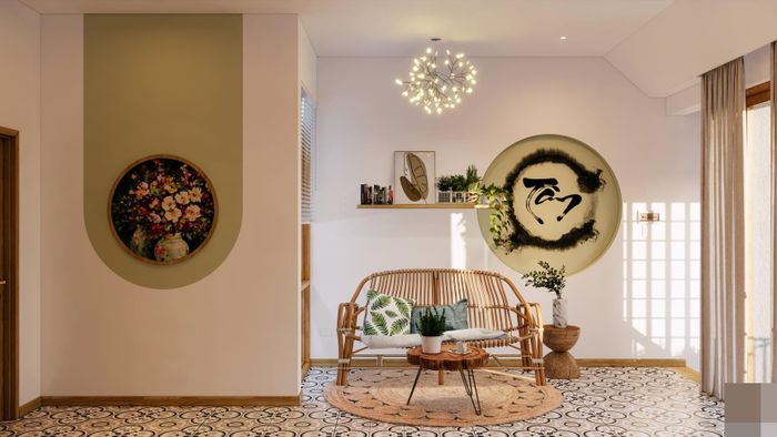 Bộ bàn ghế mây mộc thư giãn cuốn hút với bức tranh thư pháp chữ "Tâm" treo tường mang đến không gian sâu lắng, yên bình. 
