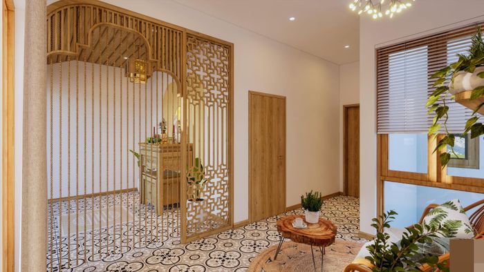 Phòng thờ nằm trên tầng 2, riêng tư, thoáng mát. Kiến trúc sư không dùng cửa kín mà tạo lối mở, giảm sự ngột ngạt của khói hương và cho phòng sáng hơn. Phần đặt ban thờ ngăn cách với khu bàn ghế ngồi thư giãn bằng rèm và bình phong nghệ thuật với họa tiết truyền thống. 