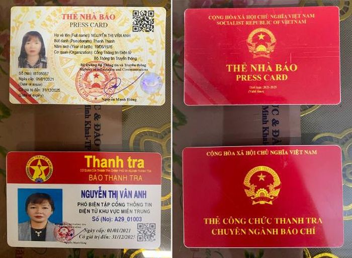 Mặt trước và mặt sau của thẻ Nhà báo và thẻ Công chức giả mà đối tượng Nguyễn Thị Vân Anh dùng để lừa đảo