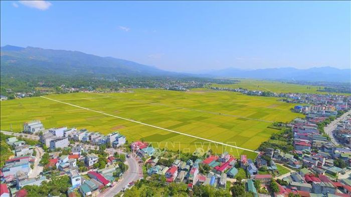 Những ngôi nhà nằm san sát nhau bên cánh đồng Mường Thanh.