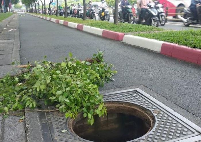 Nắp cống trên đại lộ Võ Văn Kiệt bị các đối tượng trộm cạy mất.