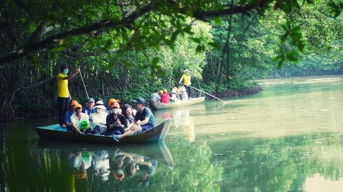 Khách du lịch đi thuyền tham quan đầm dơi nghệ trong Vàm Sát