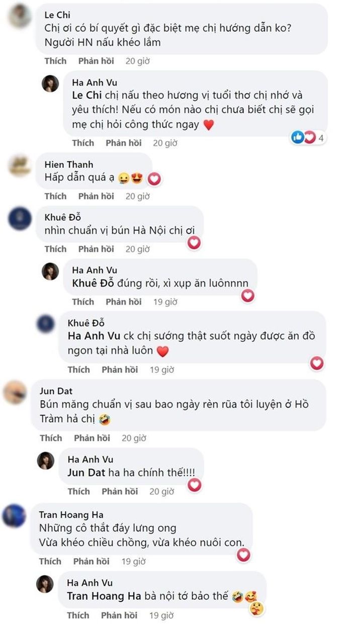 Không ít fan cho rằng chồng Hà Anh sướng khi suốt ngày được ăn đồ ngon tại nhà. Một số người còn khen ngợi nàng siêu mẫu đúng với câu ca "Nhưng cô thắt đắt lưng ong - Vừa khéo chiều chồng, vừa khéo nuôi con".