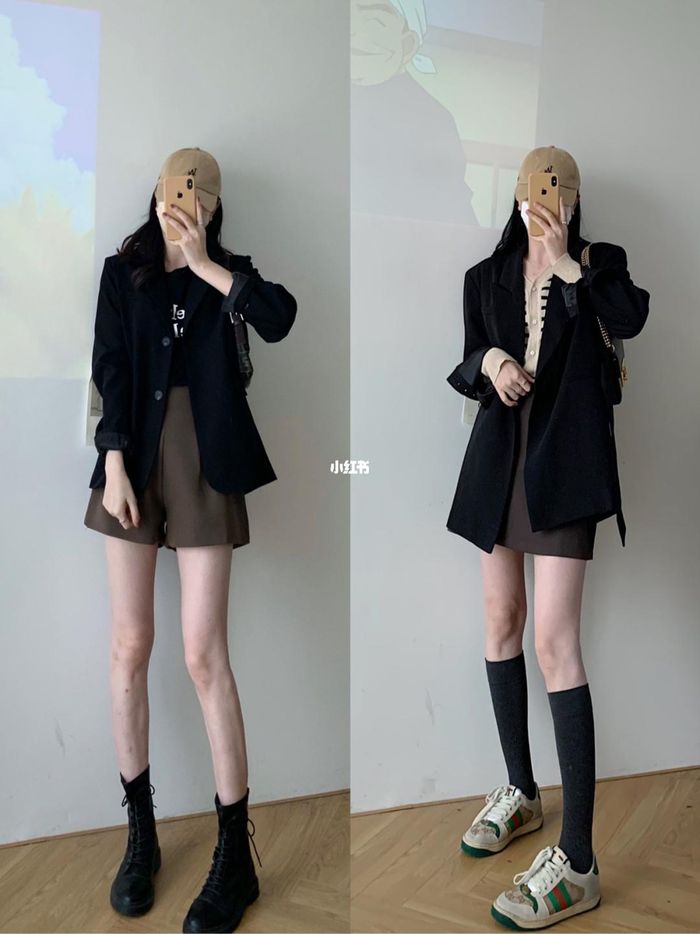 Trong trường hợp sở hữu đôi chân thon dài thì bạn đừng ngại mix blazer đen với quần short hoặc chân váy ngắn. Lối lên đồ này còn ghi điểm ở khoản hack dáng, khiến bạn trông cao ráo hơn đáng kể. Về khoản giày dép thì 1 đôi giày thể thao hoặc boots da sẽ là sự lựa chọn hoàn hảo.