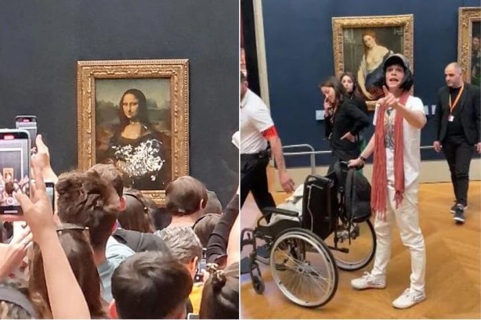 Bức họa Mona Lisa bị bôi bẩn bằng bánh kem và người đàn ông gây ra vụ "tấn công". (Ảnh: The Straits Times)