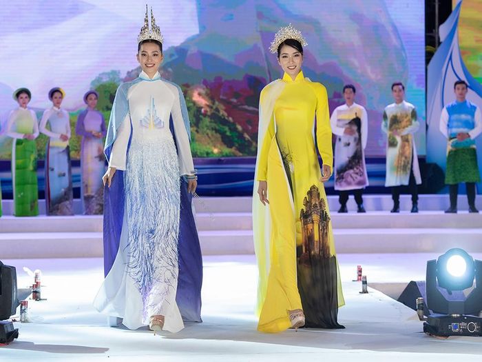 Hoa hậu Tiểu Vy, Á hậu Phương Anh trình diễn áo dài lụa vẽ của Trung Đinh