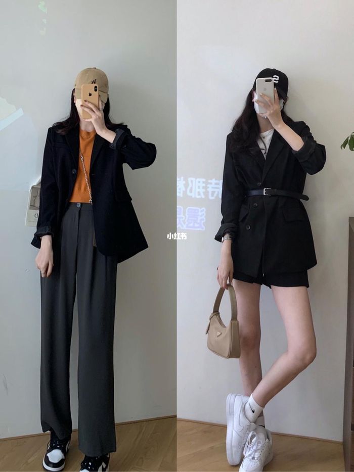 Công thức lên đồ quen thuộc nhất với blazer là diện cùng quần ống suông. Tuy nhiên, vì muốn ghi điểm trẻ trung nên thay vì mix cùng áo sơ mi và giày cao gót, cô nàng này lại chọn diện cùng áo thun màu nổi và giày thể thao. Hoàn thiện set đồ với mũ lưỡi trai và túi xách là đã có ngay set đồ ấn tượng. Set đồ thứ 2 mà cô chọn diện là set blazer quần short giày thể thao. Để tạo hiệu quả hack dáng, cô đã sử dụng thêm thắt lưng giúp vòng 2 trông thon thả hơn. Với set đồ thứ 2, nàng blogger mix thêm mũ lưỡi trai, giày thể thao trắng và túi cầm tay năng động