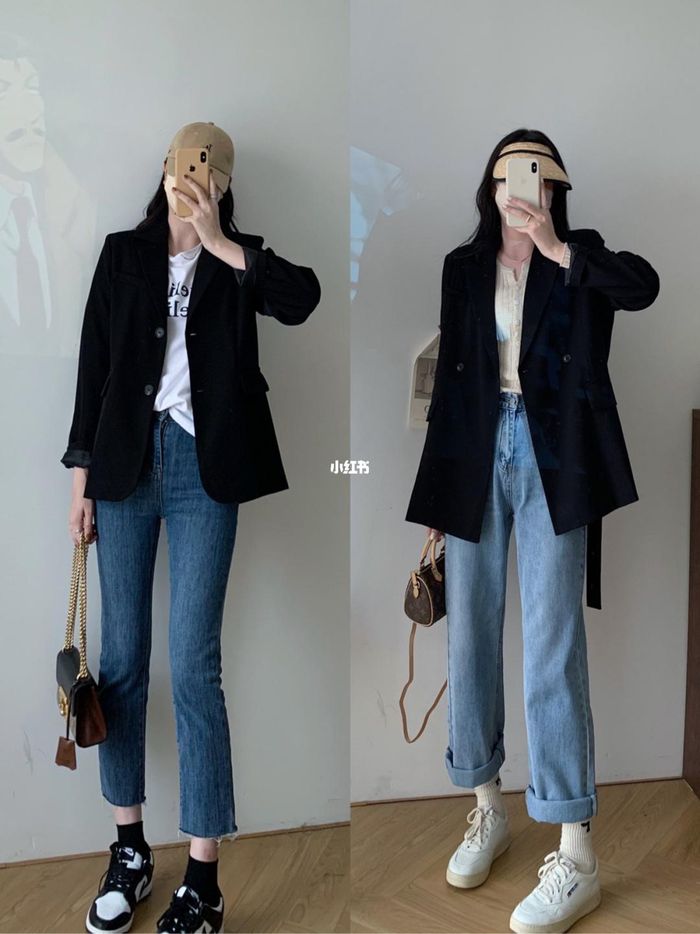 Blazer đen cũng có thể kết hợp với quần jeans tạo cảm giác trẻ trung, năng động cho người mặc. Với set đồ này, bạn có thể mix thêm cùng áo thun hoặc áo dệt kim bên trong. Một đôi giày thể thao sẽ là sự lựa chọn hoàn hảo giúp tổng thể ghi điểm cá tính tuyệt đối