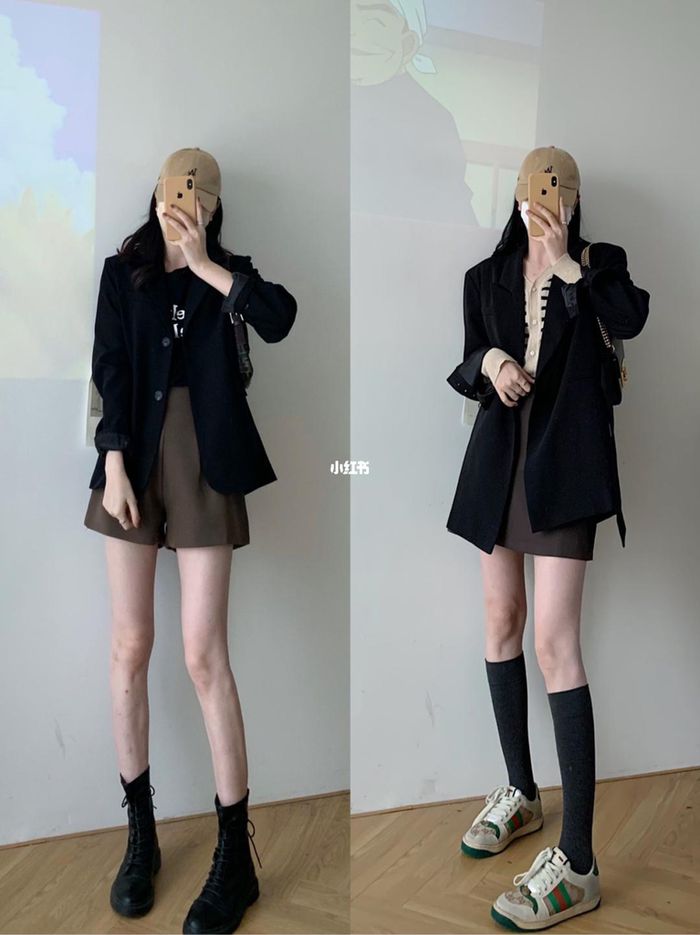 Trong trường hợp sở hữu đôi chân thon dài thì bạn đừng ngại mix blazer đen với quần short hoặc chân váy ngắn. Lối lên đồ này còn ghi điểm ở khoản hack dáng, khiến bạn trông cao ráo hơn đáng kể. Về khoản giày dép thì 1 đôi giày thể thao hoặc boots da sẽ là sự lựa chọn hoàn hảo.