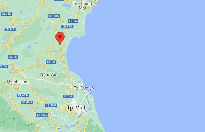 Khu công nghiệp Tháp Hồng Kỷ, xã Diễn Hồng, huyện Diễn Châu, tỉnh Nghệ An (chấm đỏ), nơi xảy ra hỏa hoạn. Ảnh: Google Maps. 