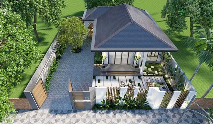 Biệt thự mini mái Thái với sân vườn bao quanh nhà.