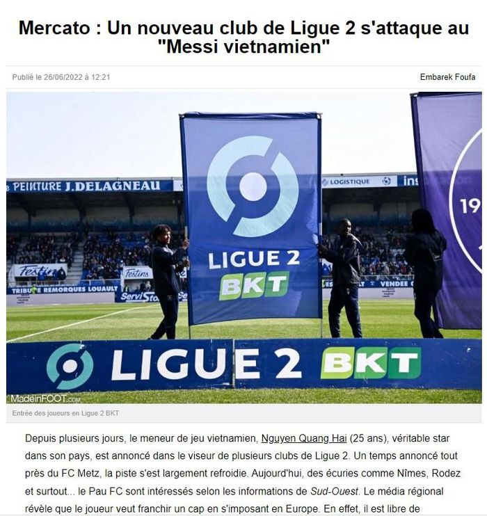 Trong khi đó, tờ Ouest France giật tít: “Một CLB mới của Ligue 2 muốn chiêu mộ “Messi Việt Nam”