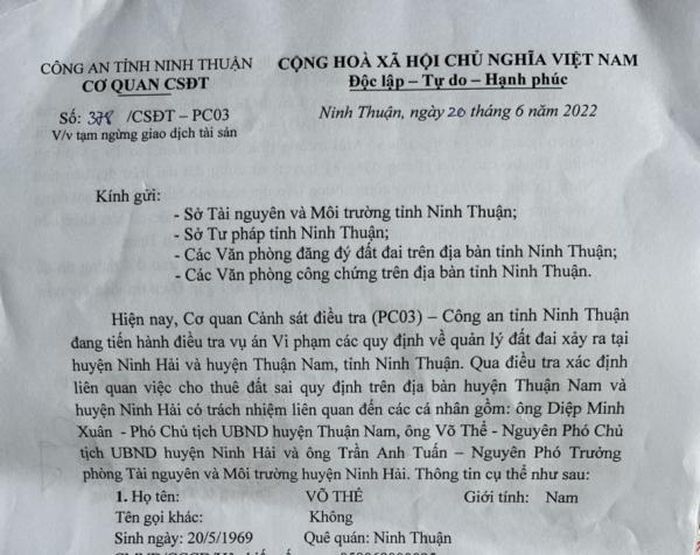 Cơ quan CSĐT Công an tỉnh Ninh Thuận đã có văn bản đề nghị cơ quan chức năng tạm dừng chuyển nhượng, mua bán tài sản của các bị can.