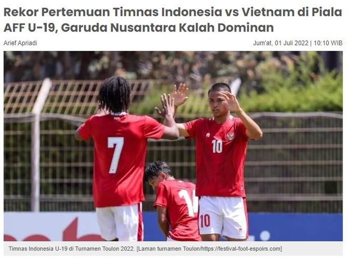 Tờ Suara của Indonesia đăng tải bài viết với dòng tít: “Thành tích đối đầu Indonesia và Việt Nam tại U19 Đông Nam Á, Garuda lép vế hoàn toàn”.