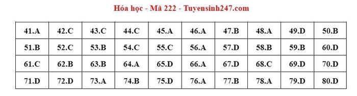 Đáp án đề thi môn Hóa kỳ thi tốt nghiệp THPT 2022 mã đề 222. Ảnh: CMH.