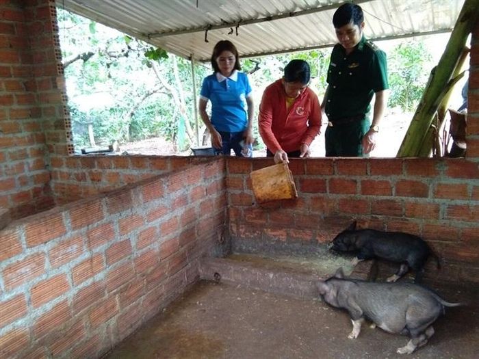 Thiếu tá Nguyễn Văn Bằng hướng dẫn kỹ thuật giúp bà con phát triển chăn nuôi, giảm nghèo bền vững. Ảnh: Thái Kim Nga