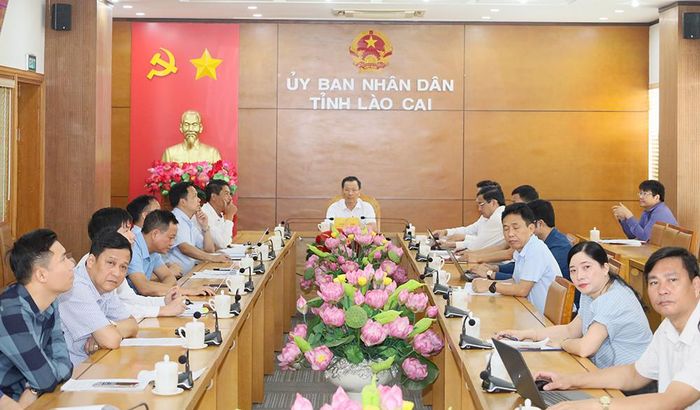 Quang cảnh hội nghị tại điểm cầu tỉnh Lào Cai.
