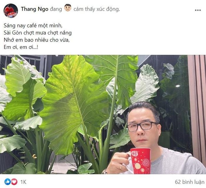 Mới đây, doanh nhân Thắng Ngô chia sẻ dòng trạng thái ngọt như mía lùi trên trang cá nhân Facebook kèm hình ảnh uống cafe để nói về nỗi nhớ khi cách vợ nửa vòng trái đất. Ảnh: FB Thắng Ngô