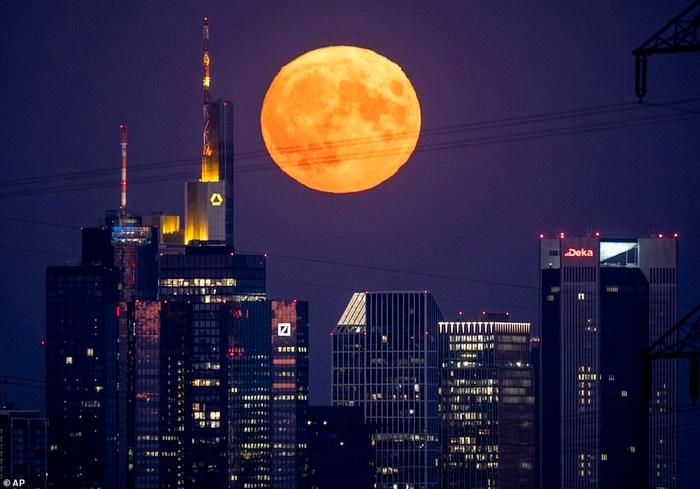 Mặt trăng sáng rực ở Frankfurt, Đức. Ảnh: AP