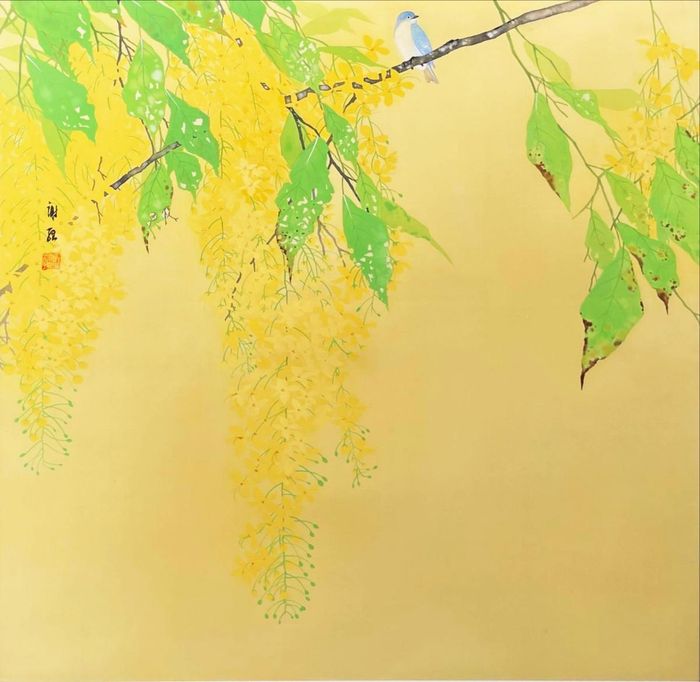 Tác phẩm Hoàng yến (2021), kích thước 80x80cm, màu trên lụa. Tác giả Tạ Duy. Ảnh: The Muse Art Space