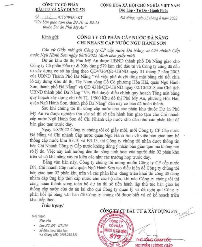 Văn bản của Công ty 579 xin bàn giao tạm hệ thống cấp nước để hỗ trợ người dân.