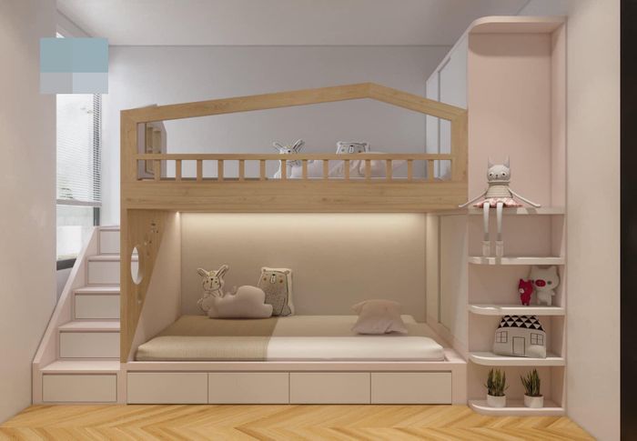 Phòng ngủ em bé tone pastel xinh xắn, không lạm dụng màu sắc nhưng rất ấn tượng.