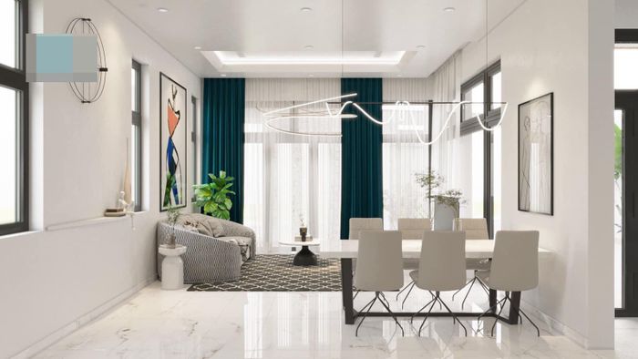 Khung cửa rộng đón tối đa ánh sáng. Bộ sofa và bàn ăn màu trắng giúp phòng khách không bao giờ bị lỗi mốt, luôn đẹp mãi với thời gian