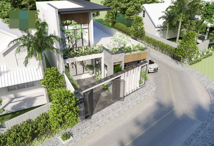 Công trình bao gồm 1 sân đậu xe ô tô, 3 ngủ, 3 vệ sinh, 1 sân thượng đa năng (phơi đồ, tổ chức tiệc BBQ...), 1 bếp+bàn ăn, 1 khách. Nhà có 2 khối, 1 khối 2 tầng và 1 khối 1 tầng.