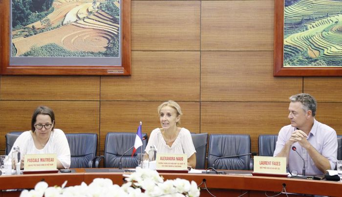 Bà Alexandra Naud, Trưởng phòng bộ phận Hợp tác quốc tế vùng Nouvelle-Aquitaine phát biểu tại buổi làm việc.