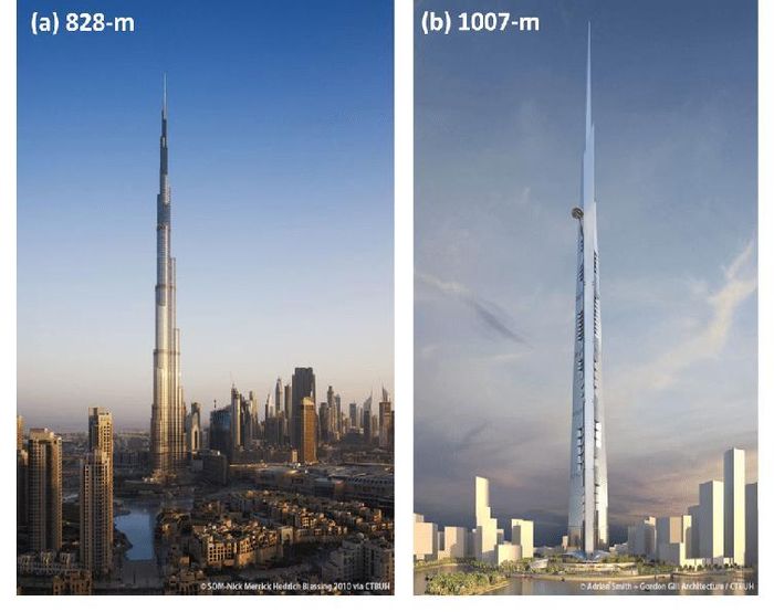 Tháp Burj Khalifa (trái) và tháp Jeddah (phải)