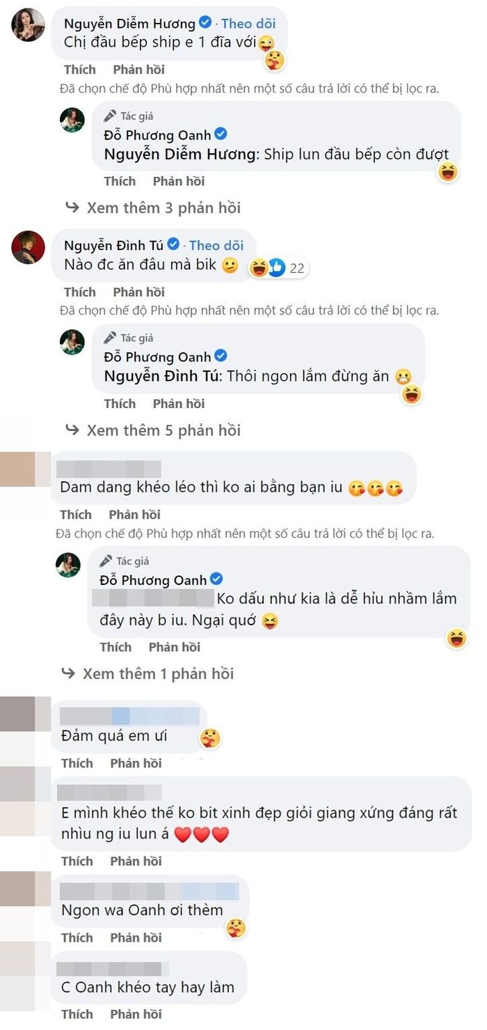 Các đồng nghiệp như Diễm Hương, Đình Tú... cũng phải phát thèm với món ăn của Phương Oanh, trong khi fan liên tục khen ngợi cô nàng khéo tay hay làm.
