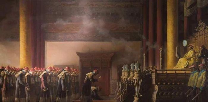 Hình ảnh các đại thần thượng triều vào buổi sáng.