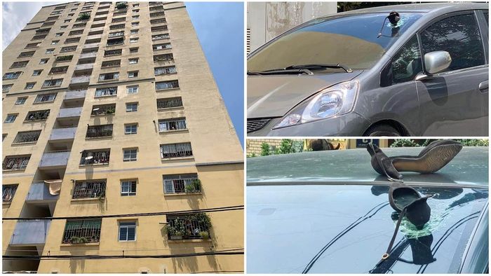 Chiếc giày cao gót từ trên cao rơi xuống làm vỡ kính xe (Ảnh: Beatvn)
