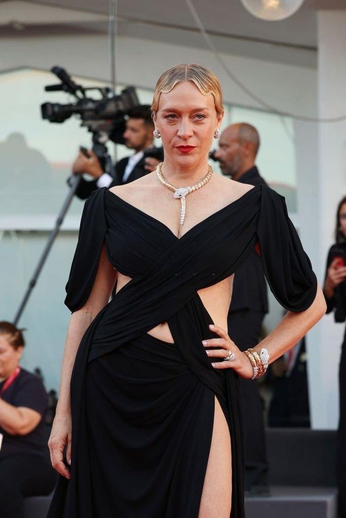 Chloë Sevigny liên tục che chắn vì sợ hớ hênh trong bộ váy xẻ cao của Gucci. Loạt trang sức hình rắn bắt mắt giúp tổng thể thêm ấn tượng. Bones and All cũng có sự tham gia diễn xuất của nữ diễn viên, người mẫu kiêm nhà làm phim người Mỹ. 